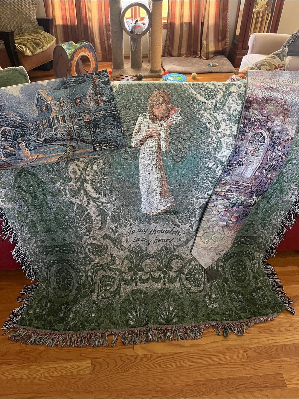 Embroidered Willow Tree Angel Tapestry Throw, Thomas Kinkade wall art, Lena Liu